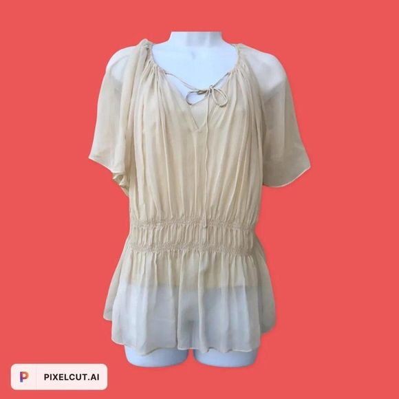 Theory Wmn Flax Tie Neck Raglan Short Sleeves Crinkled Silk Chiffon Top Sz M NWT - Picture 3 of 14